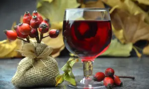 Nalewka z dzikiej róży: najpierw cukier czy alkohol? Kieliszek czerwonego trunku obok gałązki z owocami i jesiennych liści.