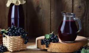 Sok z czarnej porzeczki w dzbanku i butelce, obok świeże owoce w koszyku.