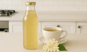 Butelka z domowym syropem z bzu obok filiżanki naparu i świeżych kwiatów bzu.