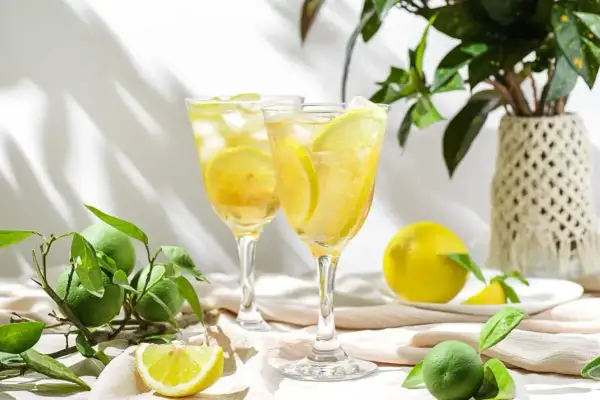 Dwa kieliszki orzeźwiającego likieru cytrynowego limoncello z lodem i plasterkami cytryny, otoczone świeżymi cytrynami i limonkami.