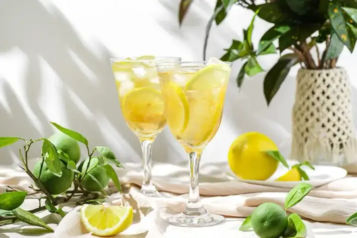 Dwa kieliszki orzeźwiającego likieru cytrynowego limoncello z lodem i plasterkami cytryny, otoczone świeżymi cytrynami i limonkami.