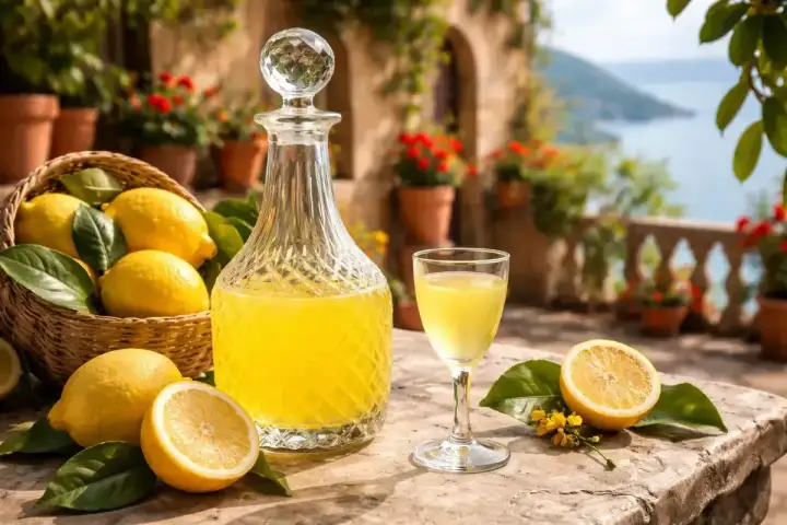 Karafka i kieliszek pełne żółtego likieru, koszyk cytryn i połówka cytryny na kamiennym stole. Idealne składniki, by dowiedzieć się, jak zrobić limoncello.